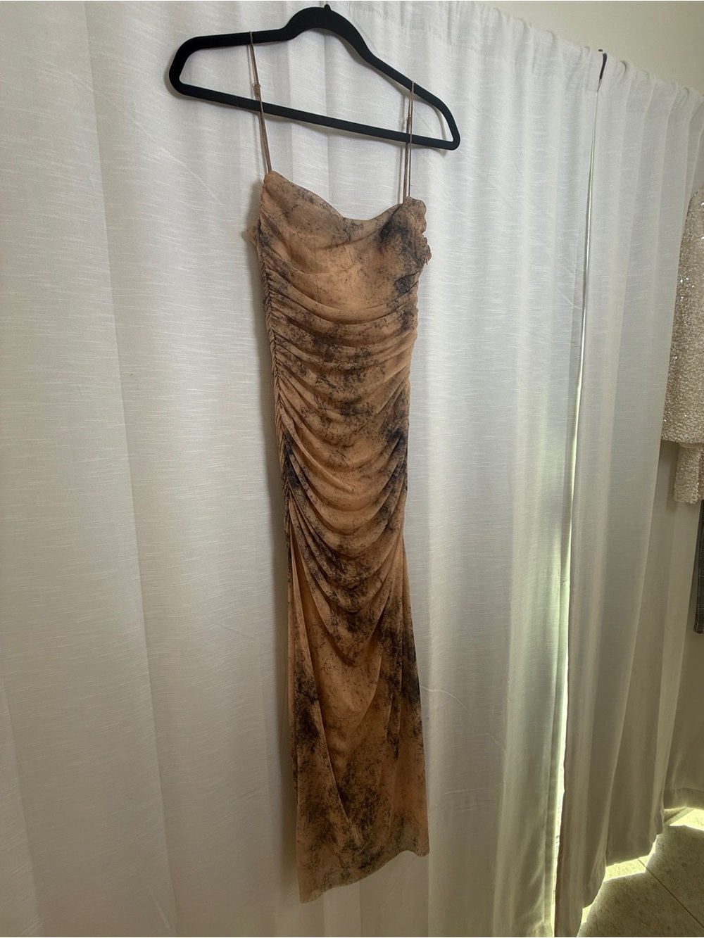 Zara Ruched Marble Print Midi Dress Neutral Bodycon Slip Dress | Size S - Picture 5 of 11